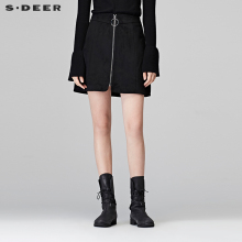 sdeer圣迪奥2018冬装新款欧美酷黑高腰拉链半身裙短裙女S17481360图片
