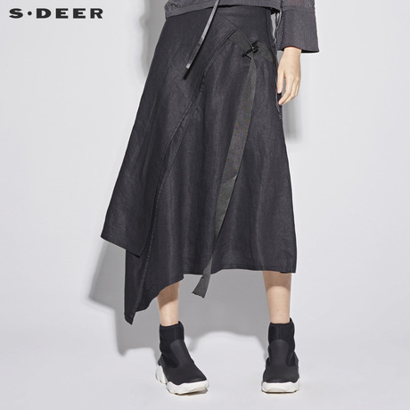 sdeer圣迪奥2018新款女装夏搭片飘带不规则摆半身长裙S18281131商品大图