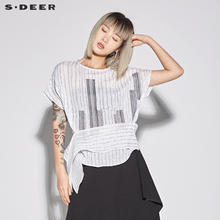 sdeer圣迪奥2018新款朴素圆领线迹绣花飘带装饰条纹短袖S18280407图片