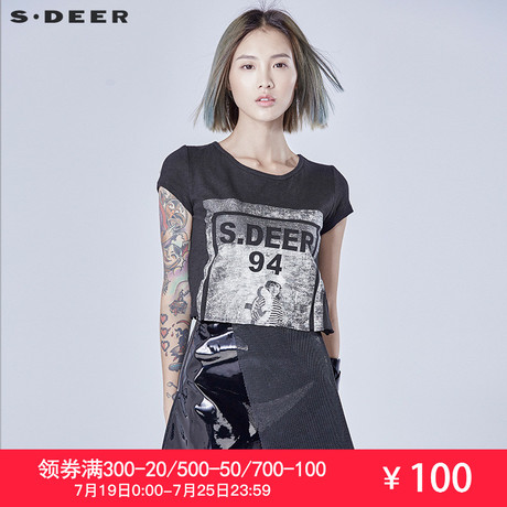 sdeer圣迪奥女装街头人物印花毛边短袖T恤S16280131商品大图