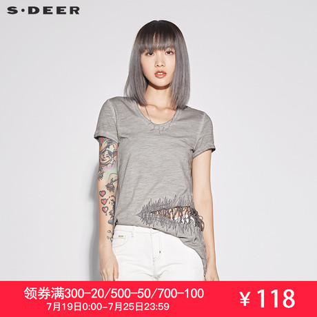 sdeer圣迪奥2018夏装女潮休闲简约线迹镂空绣线斜摆T恤S17280139商品大图