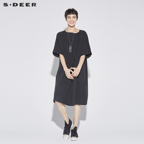 sdeer圣迪奥女装宽松圆领松紧收腰短袖连衣裙S18281206商品大图