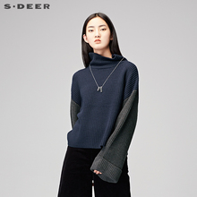 sdeer圣迪奥休闲撞色拼接高领长袖oversize针织衫毛衣女S17483569图片