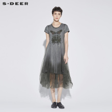 sdeer圣迪奥2018新款女夏渐变晕染植物刺绣复古感连衣裙S18281251图片