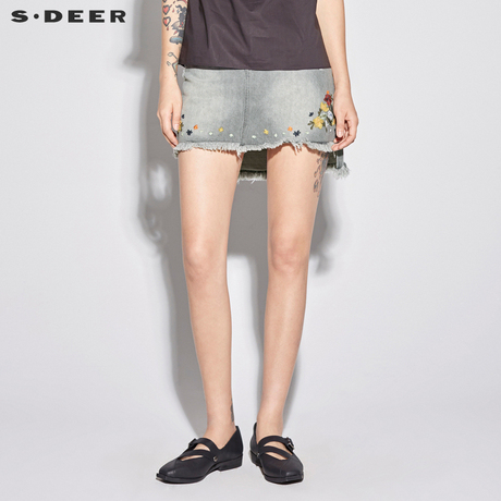 sdeer 圣迪奥 女装气质灰时尚破洞牛仔绣花短裙S18281314商品大图