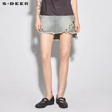 sdeer 圣迪奥 女装气质灰时尚破洞牛仔绣花短裙S18281314图片