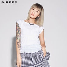 sdeer圣迪奥2018新款女装夏装素白弹力修身露肩短袖衬衫S18280416图片