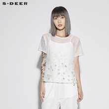 sdeer圣迪奥2018新款女素雅圆领抽象印花两件套T恤吊带S18280433图片