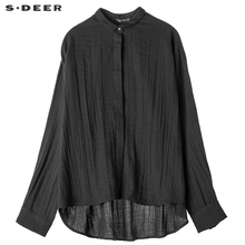sdeer圣迪奥2018冬装潮复古文艺褶皱翻领黑色长袖衬衫女S17480503图片