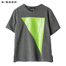 sdeer 圣迪奥 女装休闲简约圆领几何印胶开衩摆短袖T恤S18280188图片