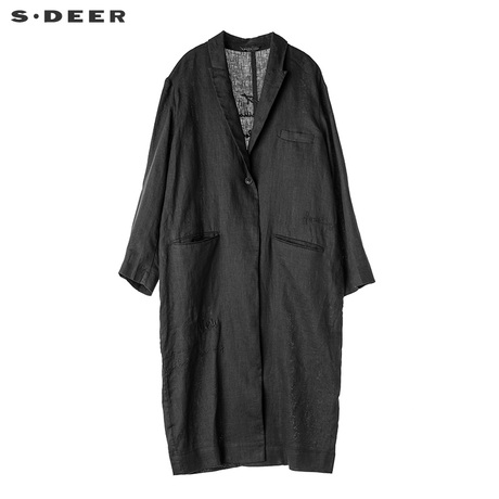 sdeer圣迪奥2018春装新款简约字母亚麻长款休闲西装外套S18181804商品大图
