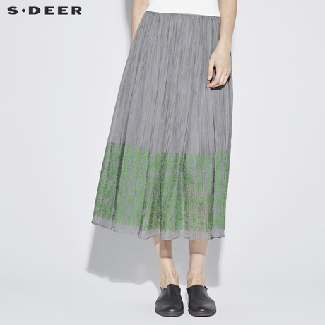 sdeer圣迪奥女装雾感灰植物绣花松紧束腰半身长裙S18281148商品大图