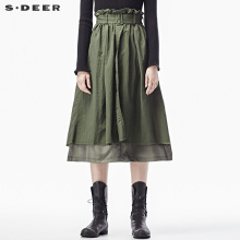 sdeer圣迪奥2018秋装军绿花苞A字腰带淑女双层高腰长裙S17381199图片