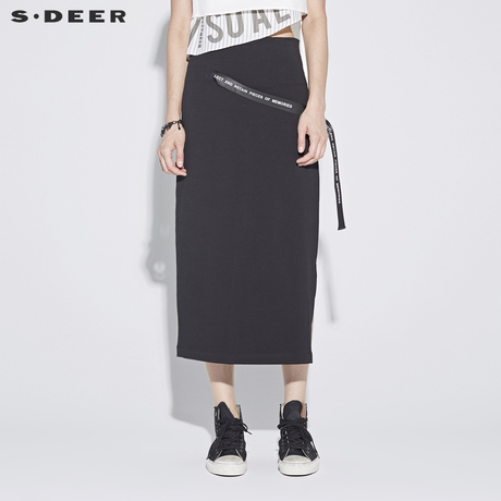 sdeer圣迪奥女装酷感韩范字母飘带高腰开衩修身半身裙S18281150商品大图