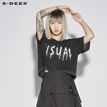sdeer 圣迪奥 女装酷黑休闲圆领字母印花五分袖T恤S18280171图片