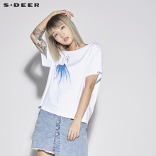 sdeer圣迪奥2018新款女装夏装套头圆领人物晕染短袖T恤S18280176图片