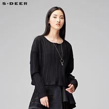 sdeer圣迪奥2018春装简约竖纹肌理短款针织衫毛衣女S17463594图片