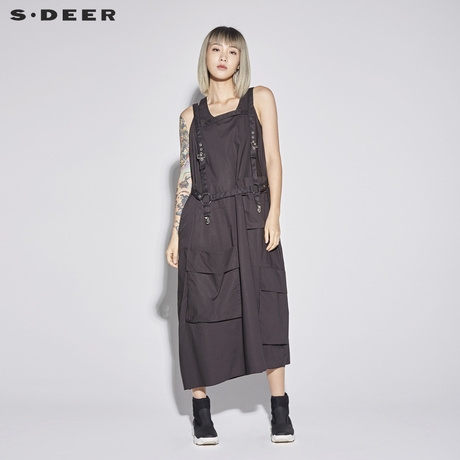 sdeer圣迪奥女装酷黑时尚口袋飘带装饰背心连衣裙S18281239商品大图
