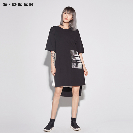 sdeer圣迪奥新款女装夏装套头圆领印胶开衩长款短袖T恤S18280173商品大图