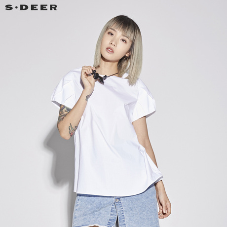 sdeer圣迪奥2018新款女装夏装唯美素白套头圆领短袖T恤S18280410商品大图