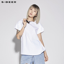 sdeer圣迪奥2018新款女装夏装唯美素白套头圆领短袖T恤S18280410图片