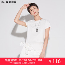 sdeer圣迪奥2018夏装新款简约蝴蝶结白色圆领系带T恤女S18660102图片