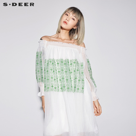 sdeer圣迪奥女装清新素雅一字领印花抽褶长袖连衣裙S18281275商品大图