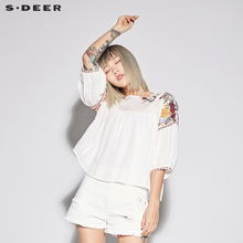 sdeer圣迪奥2018新款女装夏装素白圆领绣花短袖衬衫S18280413图片