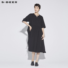 sdeer 圣迪奥纯黑休闲圆领解构拼接系带搭片短袖连衣裙S18281297图片