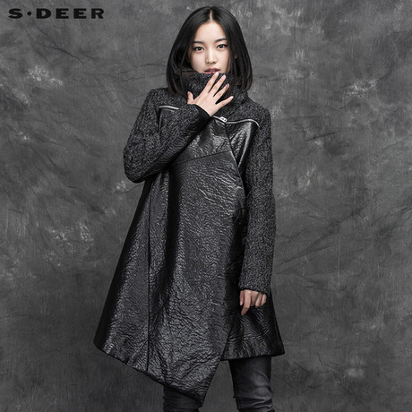 sdeer圣迪奥女装2017冬装现代酷感压印PU拼接长款外套S15481825商品大图