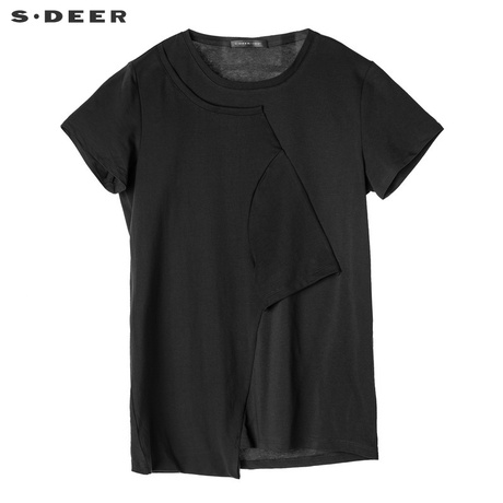 sdeer 圣迪奥 女装简约圆领解构拼接短袖T恤S18280130商品大图