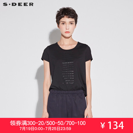 sdeer圣迪奥女2018夏装新款欧美风字母胶印黑色短袖T恤S18680127商品大图