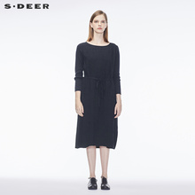 sdeer圣迪奥2018秋装新款肌理印花系带开衩长款连衣裙女S18381239图片