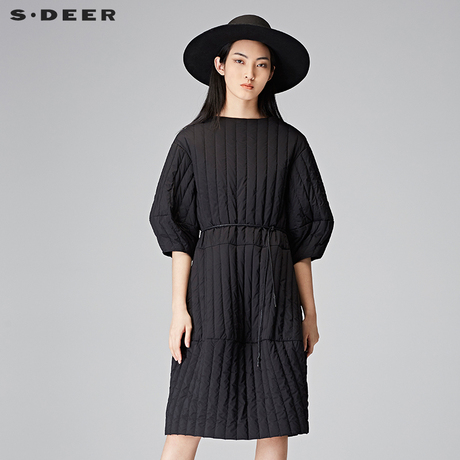 sdeer圣迪奥2018冬装气质淑女条纹茧型薄款羽绒服连衣裙S17481228商品大图