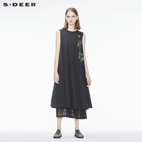 sdeer圣迪奥2018秋装新款复古绣花系带钩花无袖连衣裙女S18361236商品大图