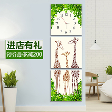 现代新中式客厅壁画竖版无框画走廊过道玄关三联挂画艺术油画钟表