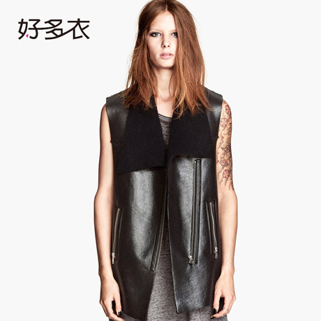 好多衣2018秋季新款女装 欧美时尚斜拉链侧口袋纯色无袖马甲外套商品大图