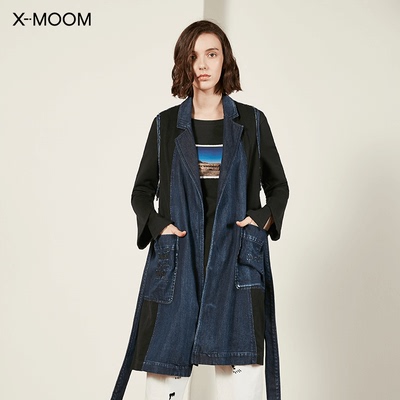 X--MOOM牛仔马甲女撞色拼接无袖腰带中长款休闲百搭显瘦坎肩背心