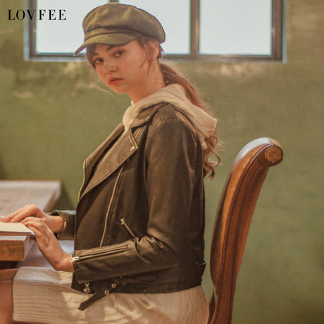 LOVFEE2018新款女装秋装时尚百搭韩版长袖外套复古风皮夹克中长款商品大图