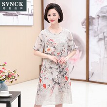 SVNCK中老年裙女装夏天韩版短袖圆领妈妈装真丝印花宽松大码YL728图片