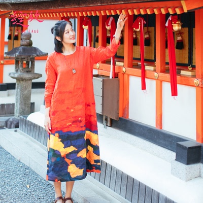 绽放C176朵/唯美五彩滩/红色圆领油画印花连衣裙2018中长款裙子特
