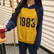 秋季女装韩版学院风数字宽松撞色插肩袖连帽套头卫衣长袖上衣外套图片
