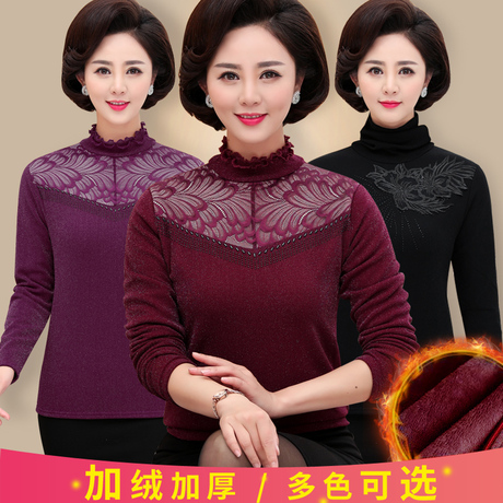 中年女装秋冬加绒加厚打底衫2018年新款妈妈装40岁高领蕾丝保暖衣商品大图