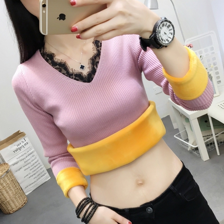 2018新款韩版毛衣加绒打底衫女装短款保暖内针织蕾丝领条纹秋冬季商品大图
