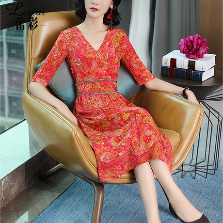 桑蚕丝真丝连衣裙女夏2019新款印花V领中长款显瘦红色a字裙子3750商品大图