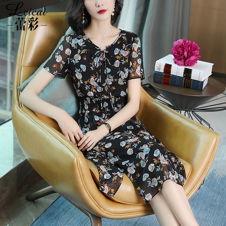 桑蚕丝真丝连衣裙女夏2019新款印花大码中长款收腰显瘦A字裙3874商品大图