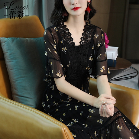 桑蚕丝真丝印花连衣裙女春夏装2019新款中长款宽松两件套裙子3796商品大图