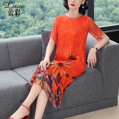 印花桑蚕丝真丝连衣裙女夏2019新款中长款时尚气质宽松裙子4180商品大图