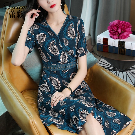桑蚕丝真丝连衣裙女夏2019新款V领短袖印花中长款收腰A字裙子3878商品大图