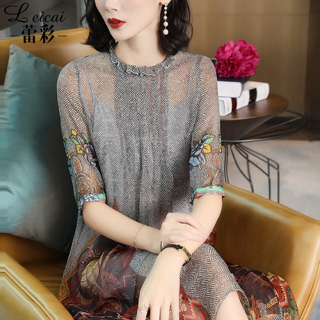 蕾彩春装女2019新款两件套桑蚕丝真丝连衣裙中长款印花裙子3332商品大图